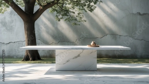 Fototapeta A marble table with a tree and sunlit shadows, against a textured wall. Modern furniture, nature, and natural light. The concept of minimalist outdoor design.