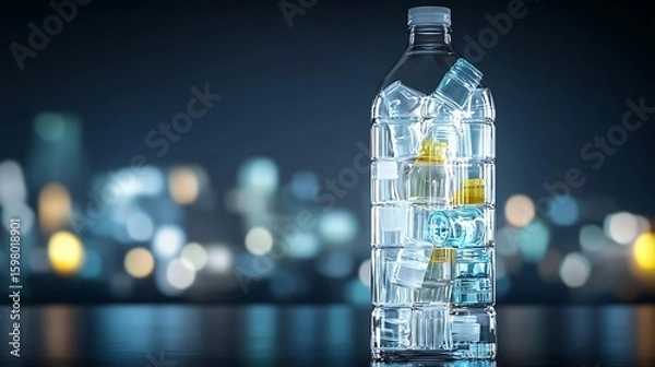 Fototapeta Glass bottle filled with ice cubes and refreshing drink creating a captivating night scene with blurred city lights in the background