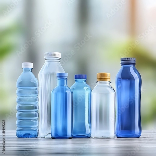 Fototapeta Variety of Clear and Colored Plastic Water Bottles Displayed on a Wooden Table with a Natural Background