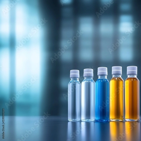 Fototapeta Colorful Bottles of Liquid Displayed on a Shelf with a Soft Blurred Background for Creative and Commercial Use
