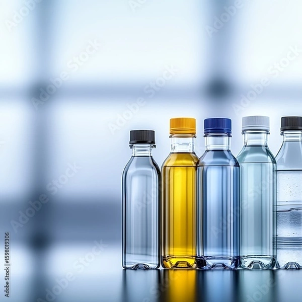 Fototapeta Five Bottles of Colored Water on a Bright and Blurry Background Reflecting Light and Creating a Soft Atmosphere