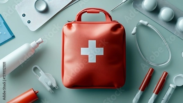 Fototapeta Medical First Aid Kit on a Surface Surrounded by Healthcare Items for Emergency Preparedness and First Response