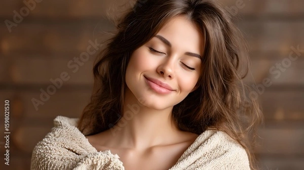 Fototapeta Serene Young Woman with Flowing Hair and Soft Blanket Posing in Cozy Home Environment with Closed Eyes and Gentle Smile