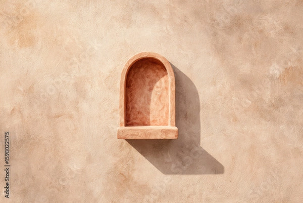 Fototapeta Arched niche wall shelf in faded dusty pink stucco creates minimalist and elegant accent, casting soft shadow on textured plaster background, evoking calm and serenity