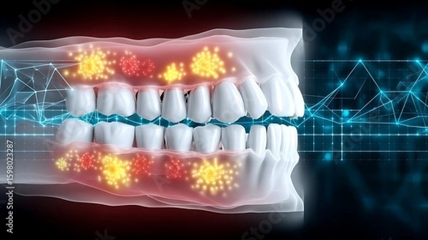 Fototapeta Digital Illustration of Healthy and Infected Teeth with Bacteria in a Modern Sci-Fi Style Background for Medical Use