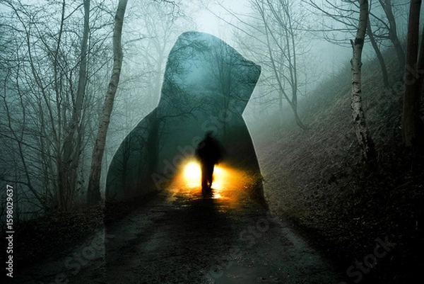 Fototapeta a horror edit of a double expsoure of a ghost like figure. With a blurred ghost figure in front of car headlights. On a spooky foggy winters evening in a forest.