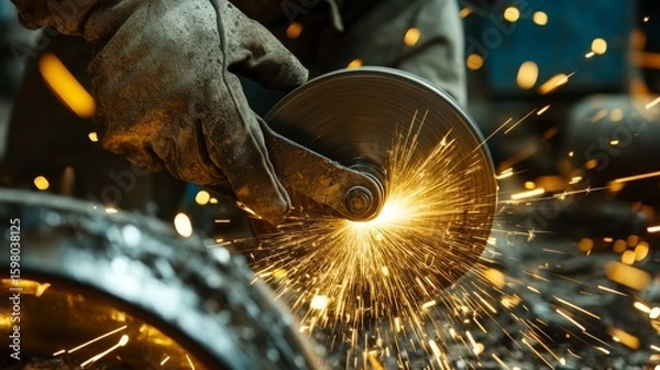 Fototapeta A close-up of a worker using a grinder, producing bright sparks while cutting metal, with protective gloves visible.