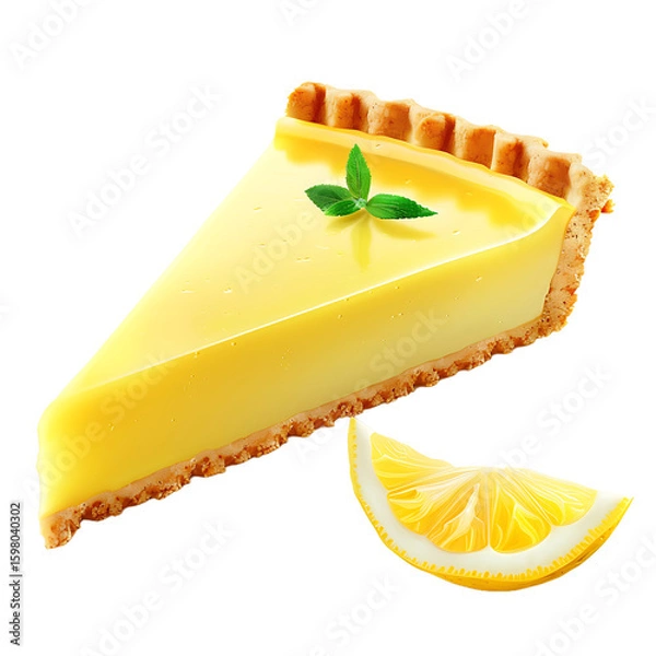 Fototapeta Slice of Lemon Tart with Fresh Mint and Lemon Wedge