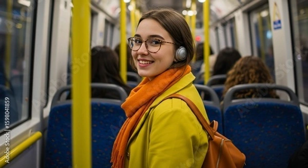 Fototapeta Young woman commuting by public transport with scarf and backpack