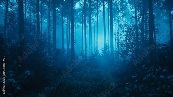 Fototapeta Exploring Mystical Blue Forest with Fog and Tall Trees Landscape
