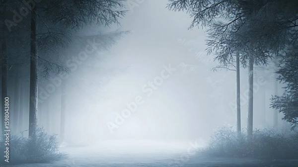 Fototapeta Walking Through a Misty Forest Path with Snow Covered Ground