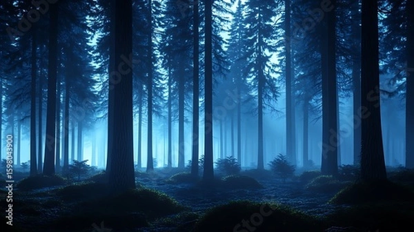 Fototapeta Exploring Dark Forest with Tall Trees and Misty, Atmospheric Background