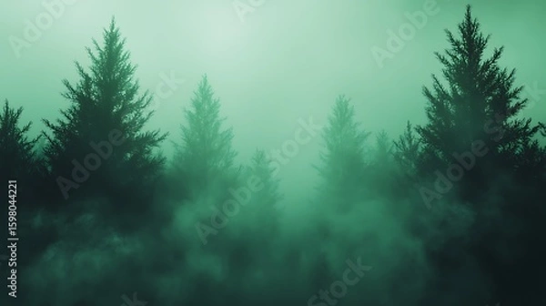 Fototapeta Silhouetted Pine Trees in Fog Creating a Mysterious Moody Forest Scene