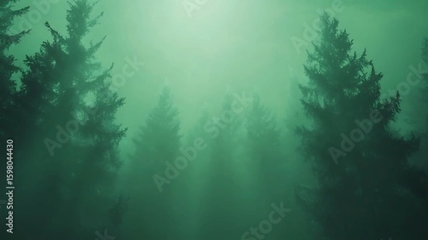 Fototapeta Mystical Fog Rolling Through Evergreen Forest with Sun Rays Streaming Down