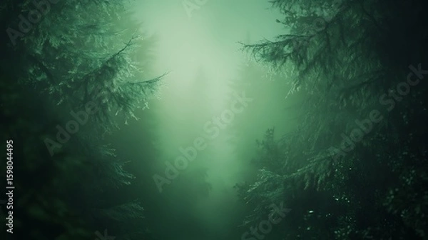 Fototapeta Misty Forest Scene with Evergreen Trees and Green Fog