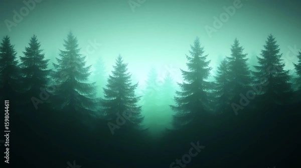 Fototapeta Foggy Evergreen Forest with Mystical Light - Nature Background for Designs