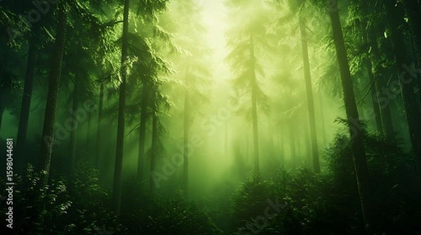 Fototapeta Foggy Forest Scene with Green Toned Light Shining Through the Trees