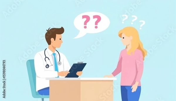Fototapeta Doctor and patient discussing medical concerns with question marks indicating confusion or inquiry.