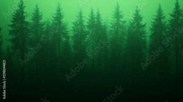 Fototapeta Dark Evergreen Trees in Foggy Forest Landscape Creating Atmospheric Scene