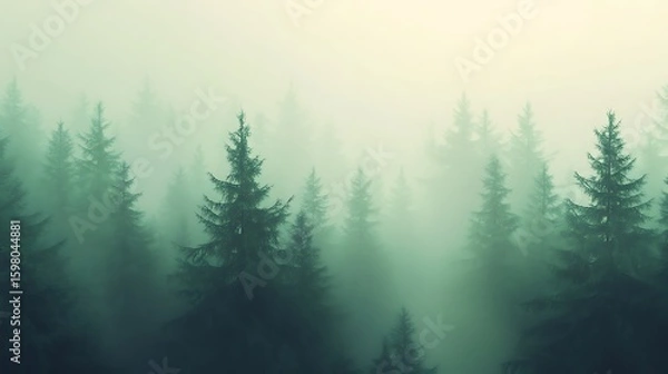 Fototapeta Misty Forest Landscape with Evergreen Trees in Foggy Mountain Scenery