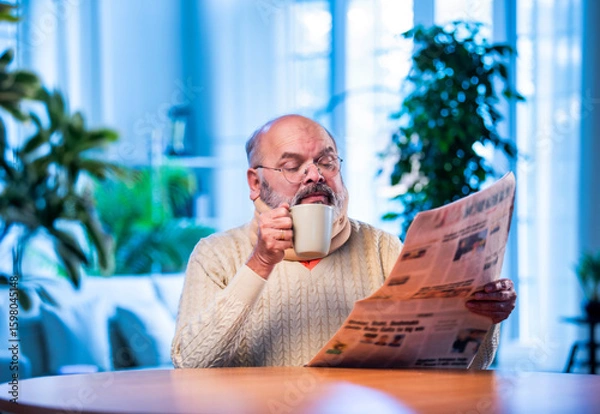 Fototapeta Senior Indian man with newspaper and tea at table during quiet morning routine at home