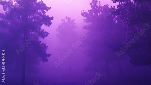 Fototapeta Enigmatic Forest Trees in Heavy Fog with a Monochromatic Purple Haze