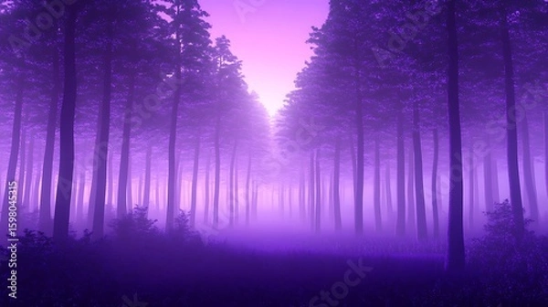Fototapeta Mystical Purple Forest Path with Fog and Tall Trees at Dusk