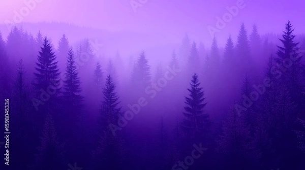 Fototapeta Misty Forest Landscape in Purple Hues with Evergreen Trees
