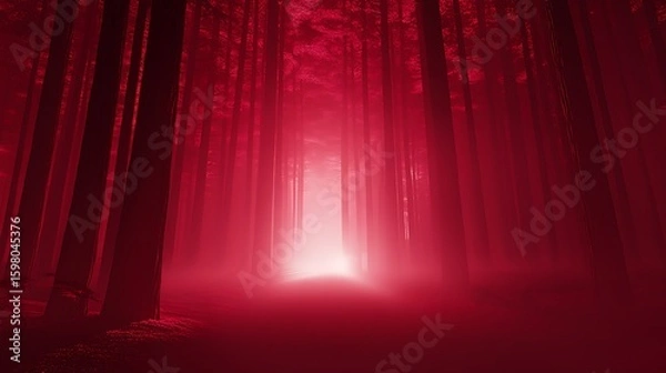Fototapeta Mystical Red Forest with Tall Trees and Foggy Path Clearing