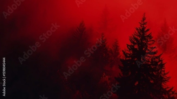 Fototapeta Eerie Forest in Red Mist Mysterious Atmospheric Coniferous Woods Landscape