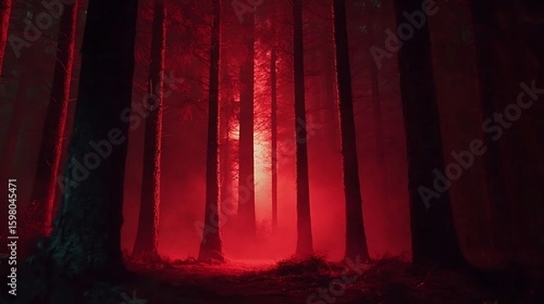 Fototapeta Mysterious Red Lit Forest Landscape with Tall Trees and Foggy Atmosphere