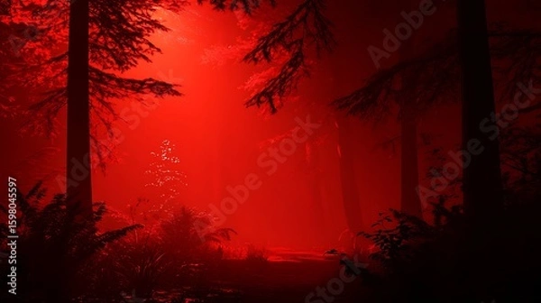 Fototapeta Walking Through Foggy Forest with Red Light Glowing at the End
