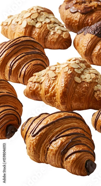 Obraz Assorted Croissants with Chocolate Drizzle Almond Flakes Isolated Photo