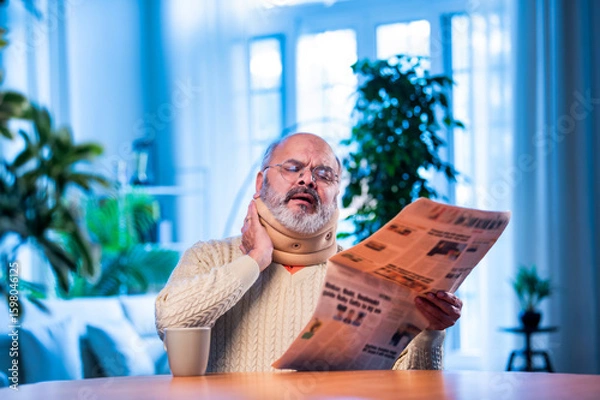Fototapeta Senior Indian man with newspaper and tea at table during quiet morning routine at home
