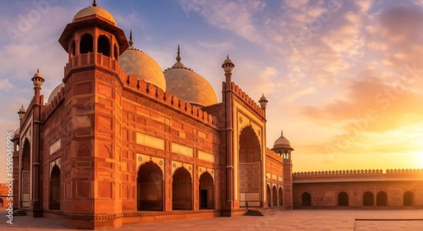 Fototapeta A scenic view of the badshahi mosque in lahore pakistan during a vibrant sunset with clouds