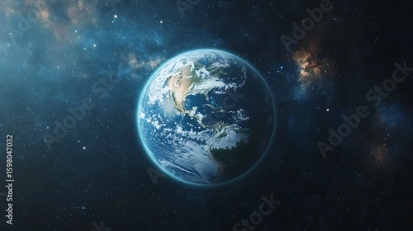 Fototapeta Earth Planet Orbiting in Space with Stars and Nebula Backdrop