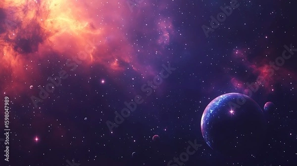 Fototapeta Exploring Outer Space Planet and Nebula with Stars and Galaxy Background