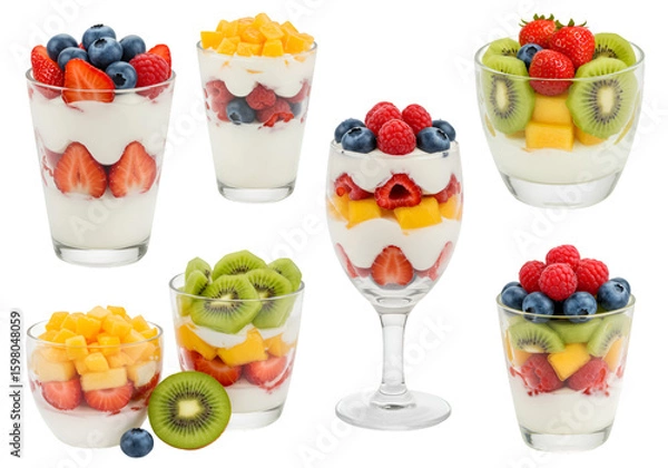 Obraz Assortment of Yogurt Parfaits with Fresh Fruits Isolated on Transparent Background