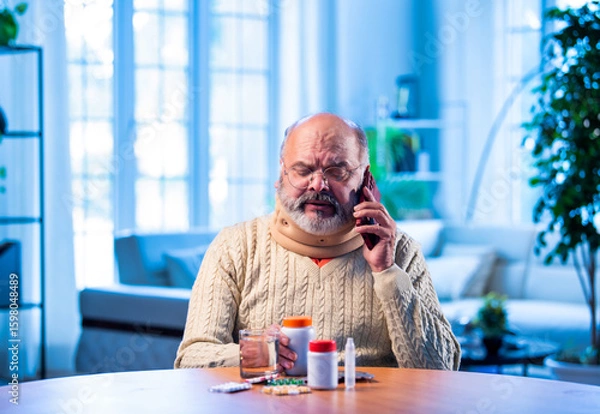 Fototapeta Old Indian man with medication calling doctor from home for health-related query