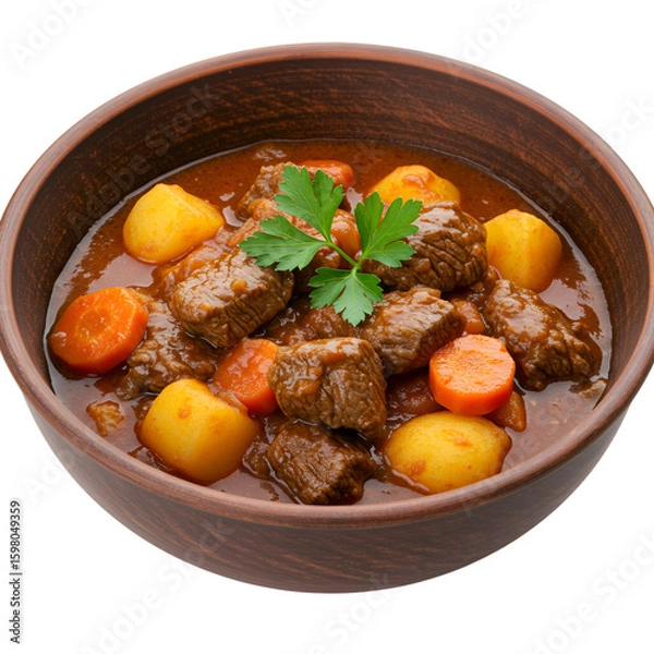 Obraz Beef Stew With Potatoes and Carrots in Clay Bowl Isolated on Transparent Background