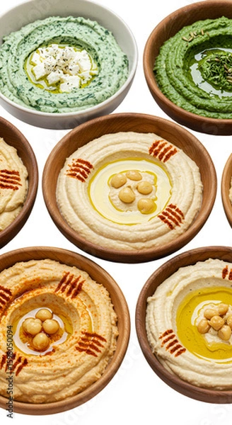 Fototapeta Assorted Hummus in Wooden Bowls on Transparent Background