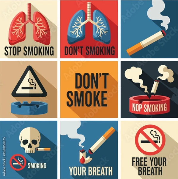 Fototapeta Flat Anti-Smoking Poster Set with Lungs, Cigarettes and Warning Icons
