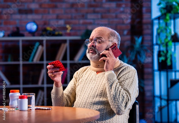 Fototapeta Old Indian man with medication calling doctor from home for health-related query