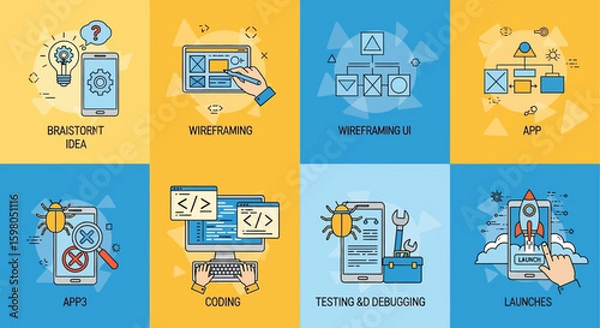 Fototapeta App development process illustrated: brainstorming, wireframing, coding, testing, and launch.