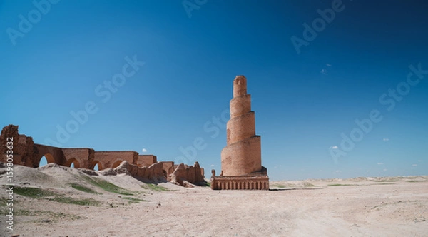 Fototapeta Exploring the ancient minaret and ruins in Abu Dulaf Iraq under a clear sky