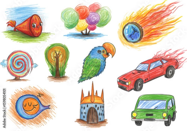 Obraz Collection of Whimsical Crayon Drawings on Transparent Background