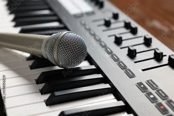 Fototapeta MIDI keyboard and microphone on table, closeup