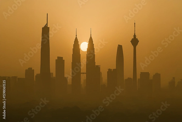 Fototapeta Golden haze wraps Kuala Lumpur’s skyline as the sun sets behind iconic towers. A moody silhouette of the city radiates warmth, architecture, and atmosphere