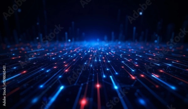Fototapeta Digital Data Stream with Blue and Red Light Trails on a Dark Background