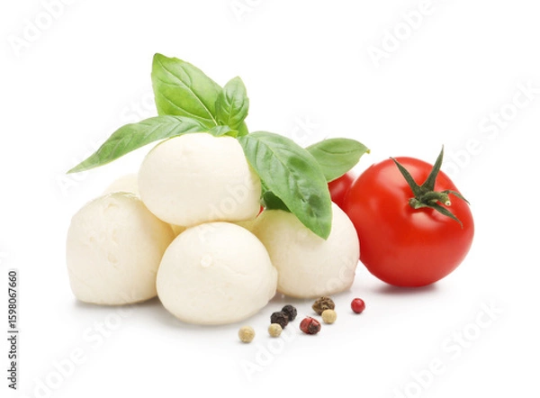 Fototapeta Tasty mozzarella cheese balls, tomatoes, basil and peppercorns isolated on white